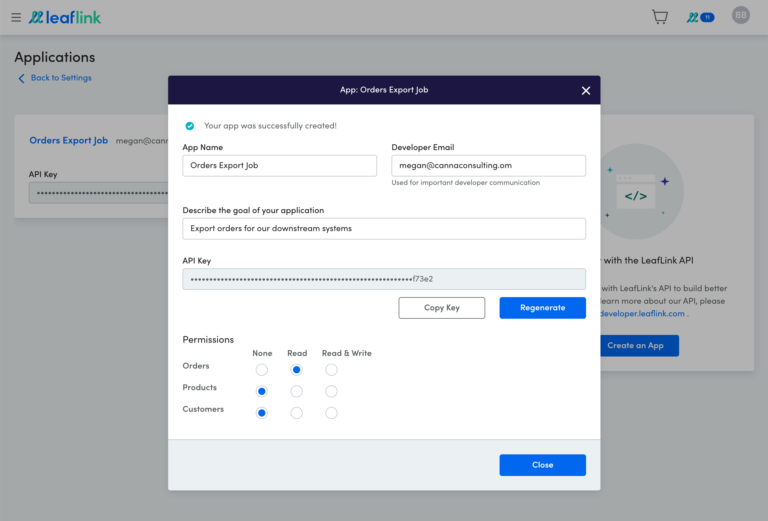 Application modal after creation